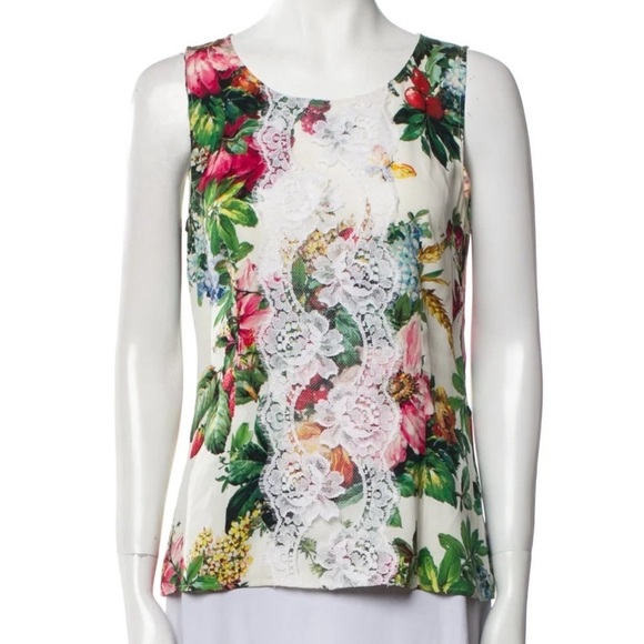 Dolce & Gabbana Silk Floral Lace Overlay Sleeveless Margot Robbie Blouse Sz 42/6